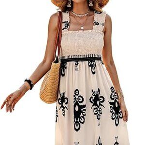 Women's Smocked Sleeveless Flowy Tribal Print Summer Boho Vacation Maxi Dress